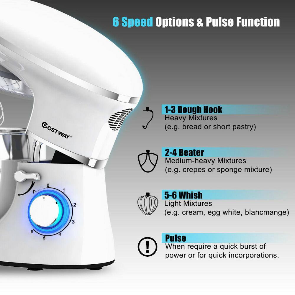 Costway 660W 6.3 qt. . 6-Speed White Stainless Steel Stand Mixer with Dough Hook EP24664WH