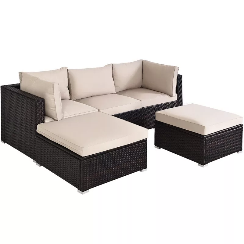 5 Pieces Patio Rattan Sectional Conversation Ottoman Furniture Set