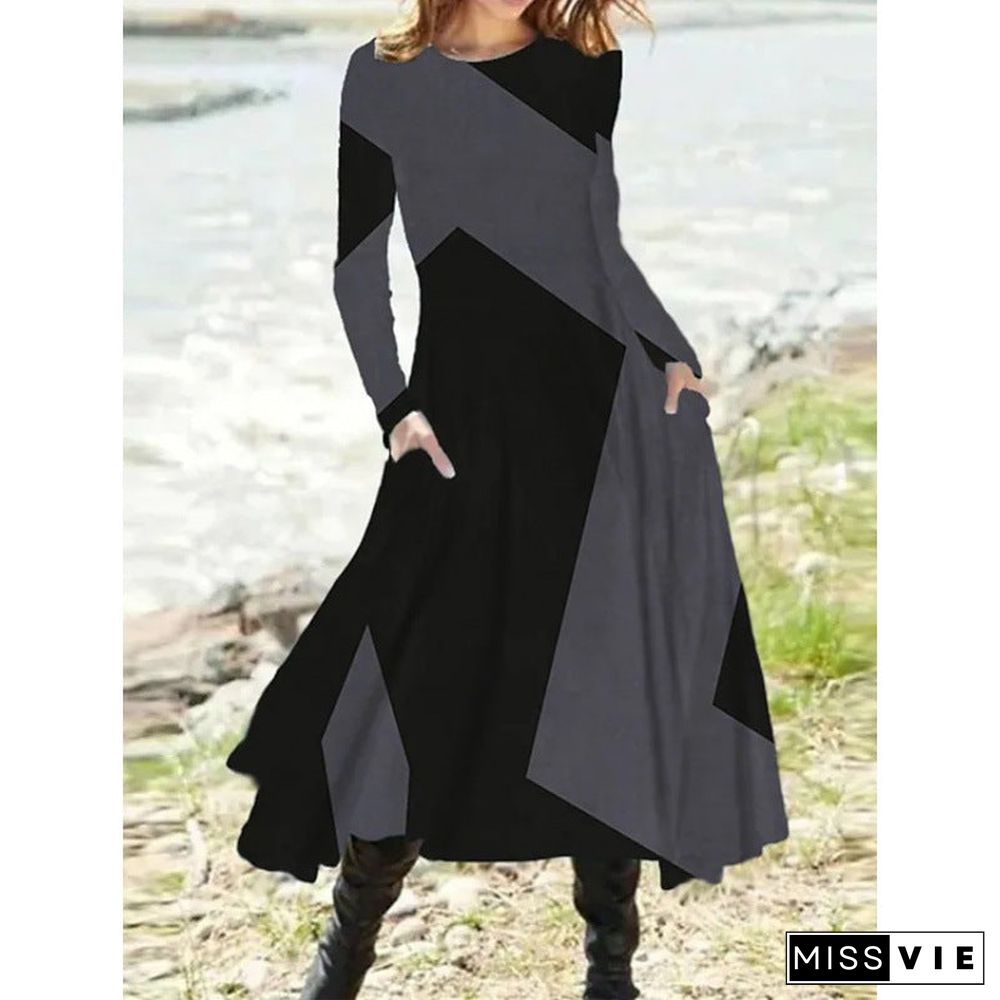 Women's Round Neck Casual Ethnic Retro Fashion Long Sleeve Oversized Swing Dress