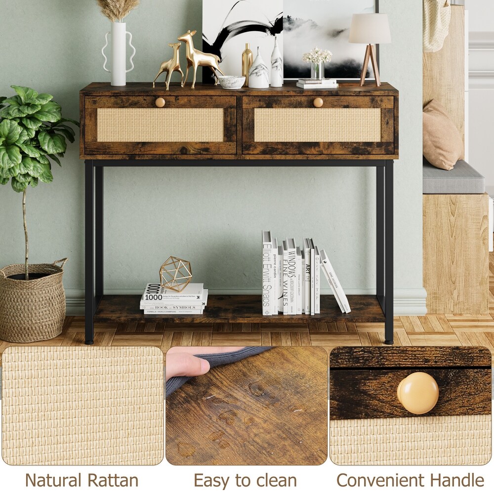 Rattan Console Table with 2 Drawers