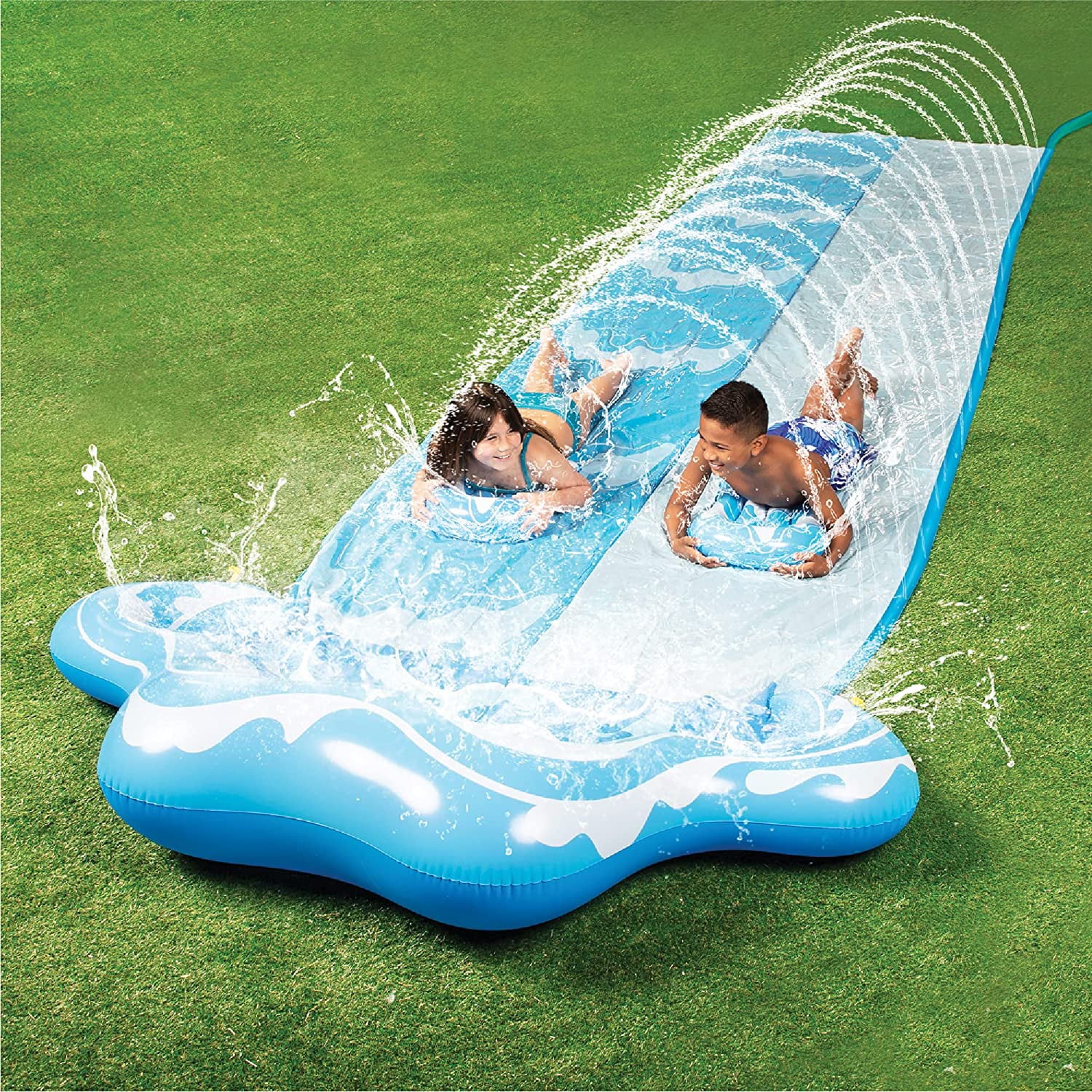 Lavinya 20ft Slip and Slide 2 Person Blue Wave Water Slides with 2 Boogie Boards Porch Waterslide 2 Sliding Racing Lanes with Sprinklers Summer Toy 20ft x 62in