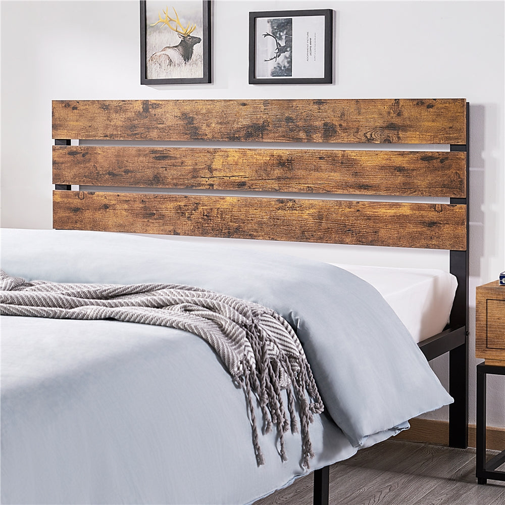 SMILE MART Wood Slat Headboard Black Metal Platform Full Bed, Brown Wood