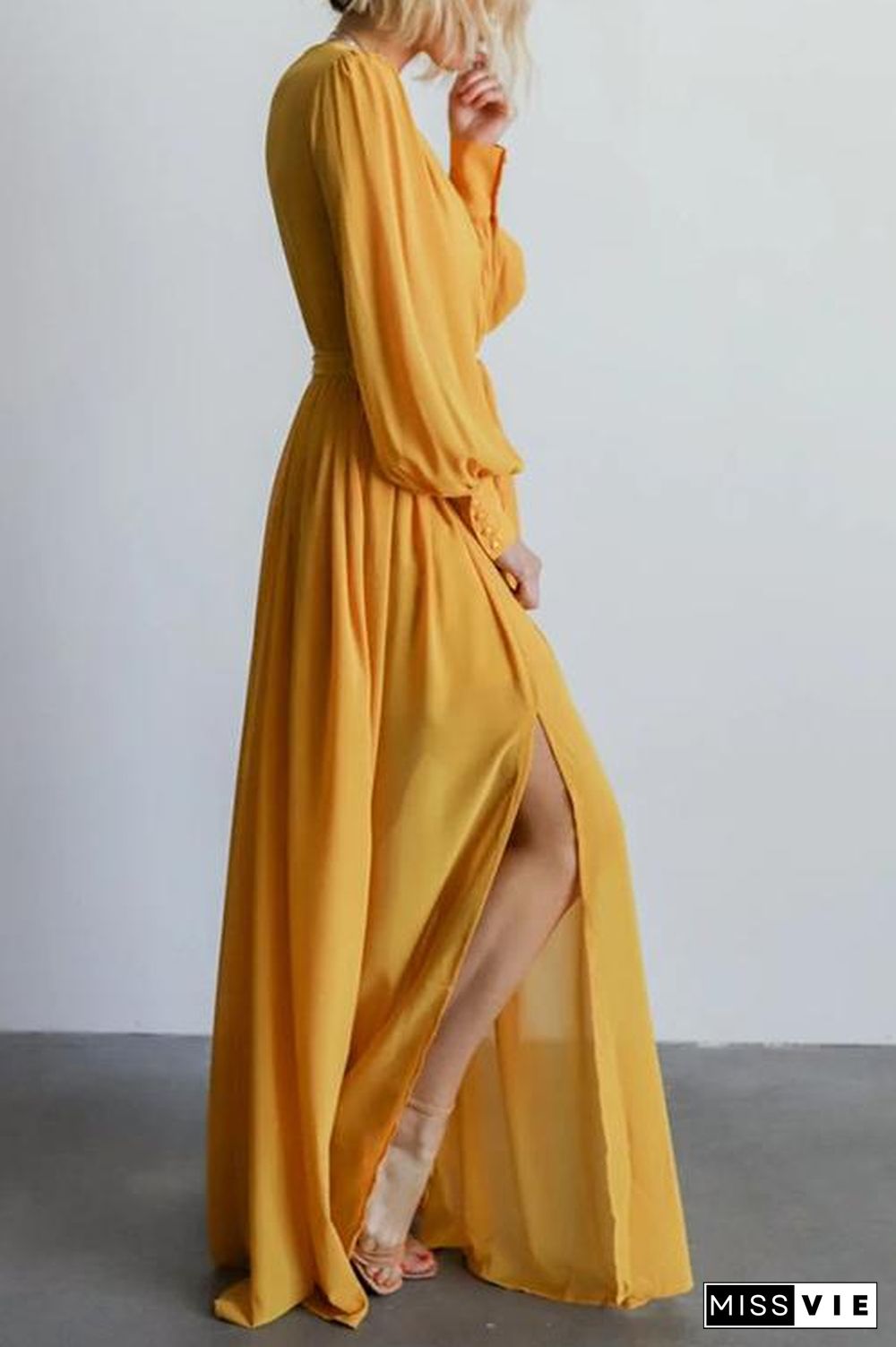 Button Puff Sleeve Belted Maxi Dress