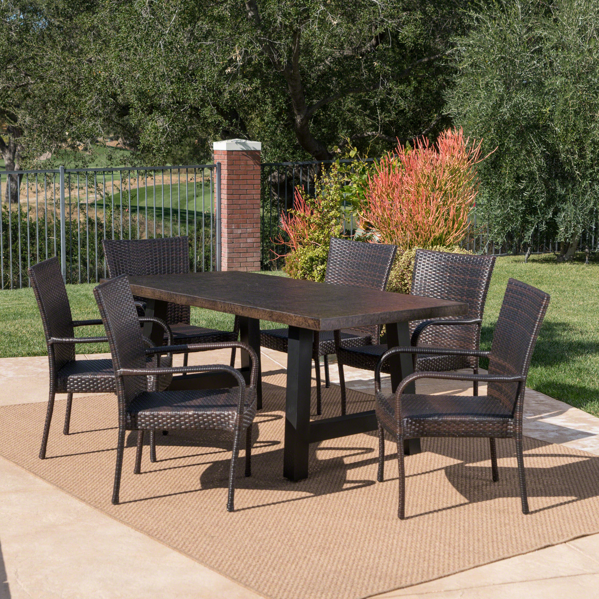 Daisy Outdoor 7 Piece Stacking Multi-brown Wicker and Concrete Dining Set