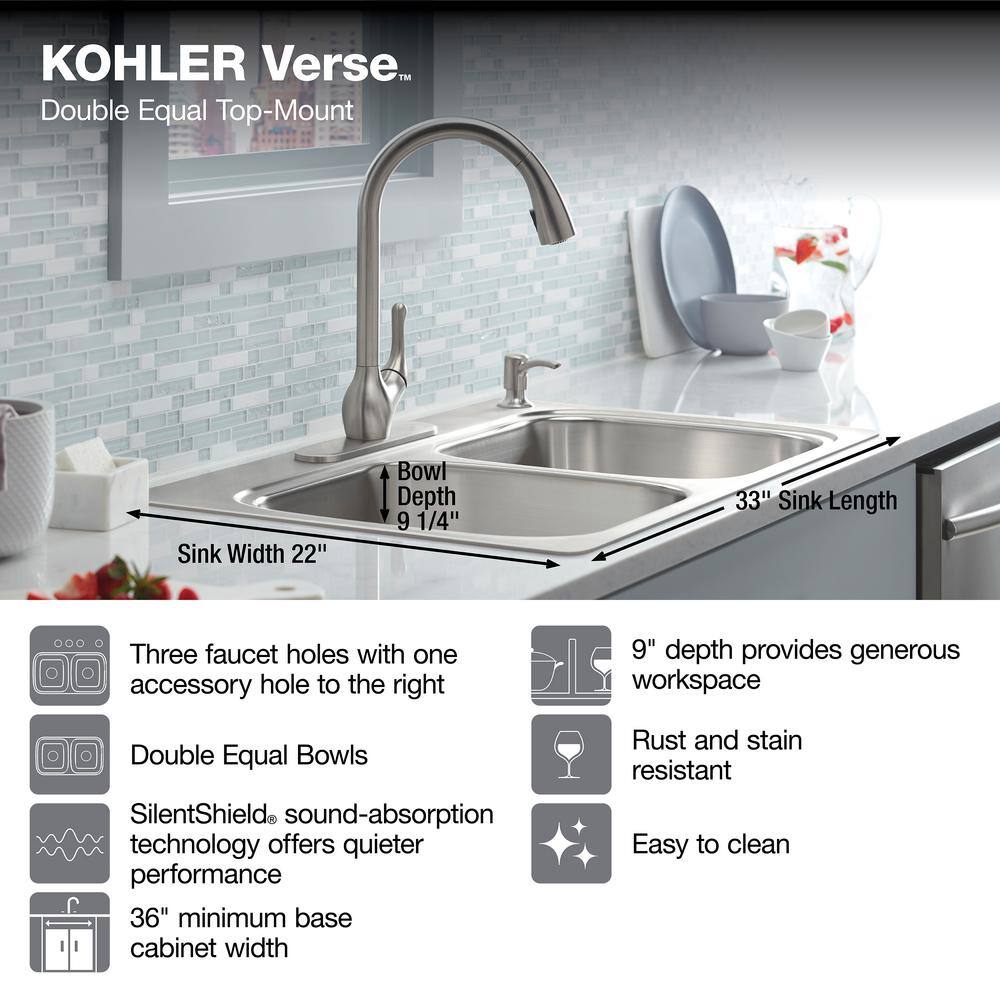 KOHLER Verse Stainless Steel 33 in. Double Bowl Drop-In Kitchen Sink with Faucet K-RH5267-1PC-NA