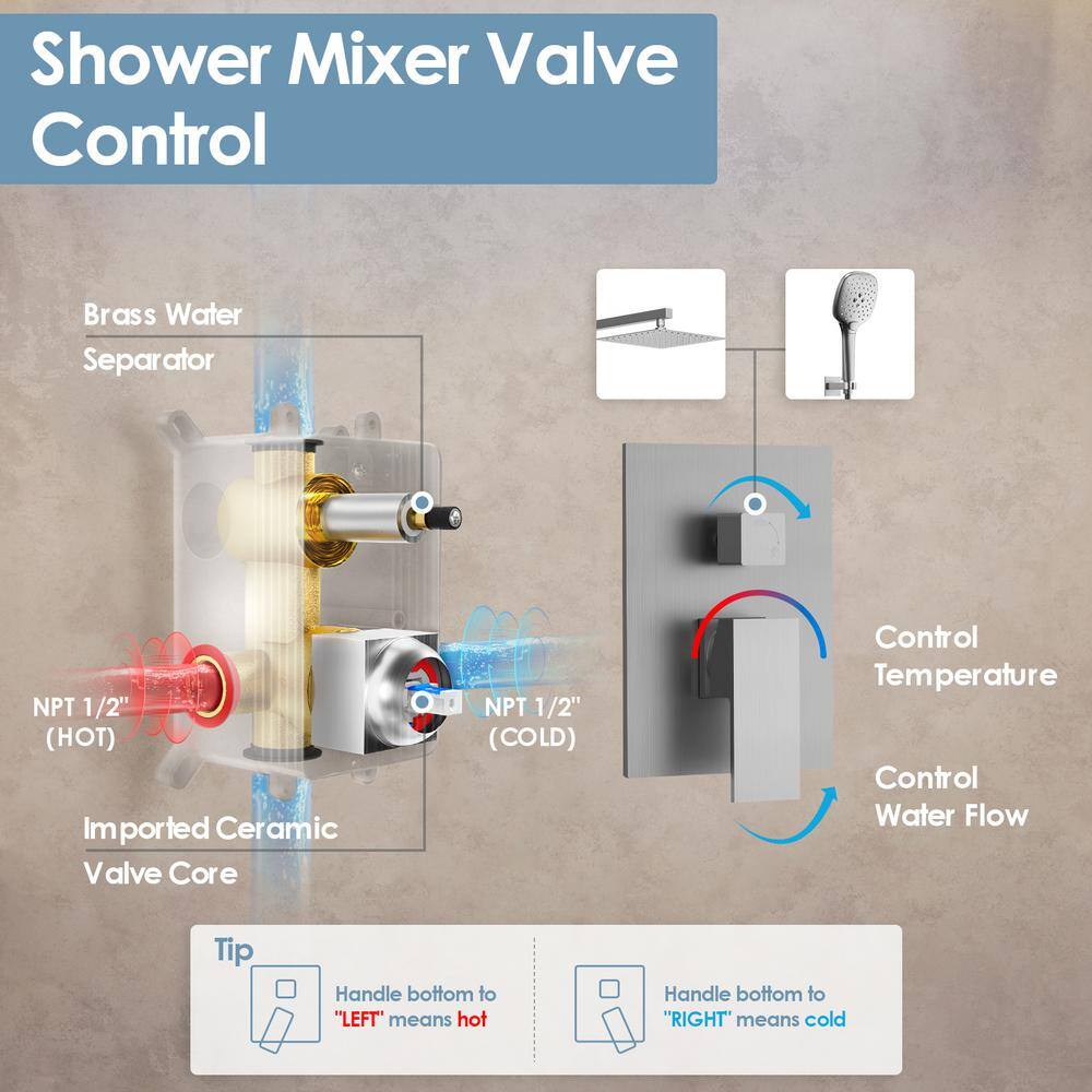 CRANACH 3-Spray 2.5 GPM 10 in. Wall Mount Dual Shower Heads Fixed and Handheld Shower Head in Brushed Nickel (Valve Included) M6646NI-10BL-1