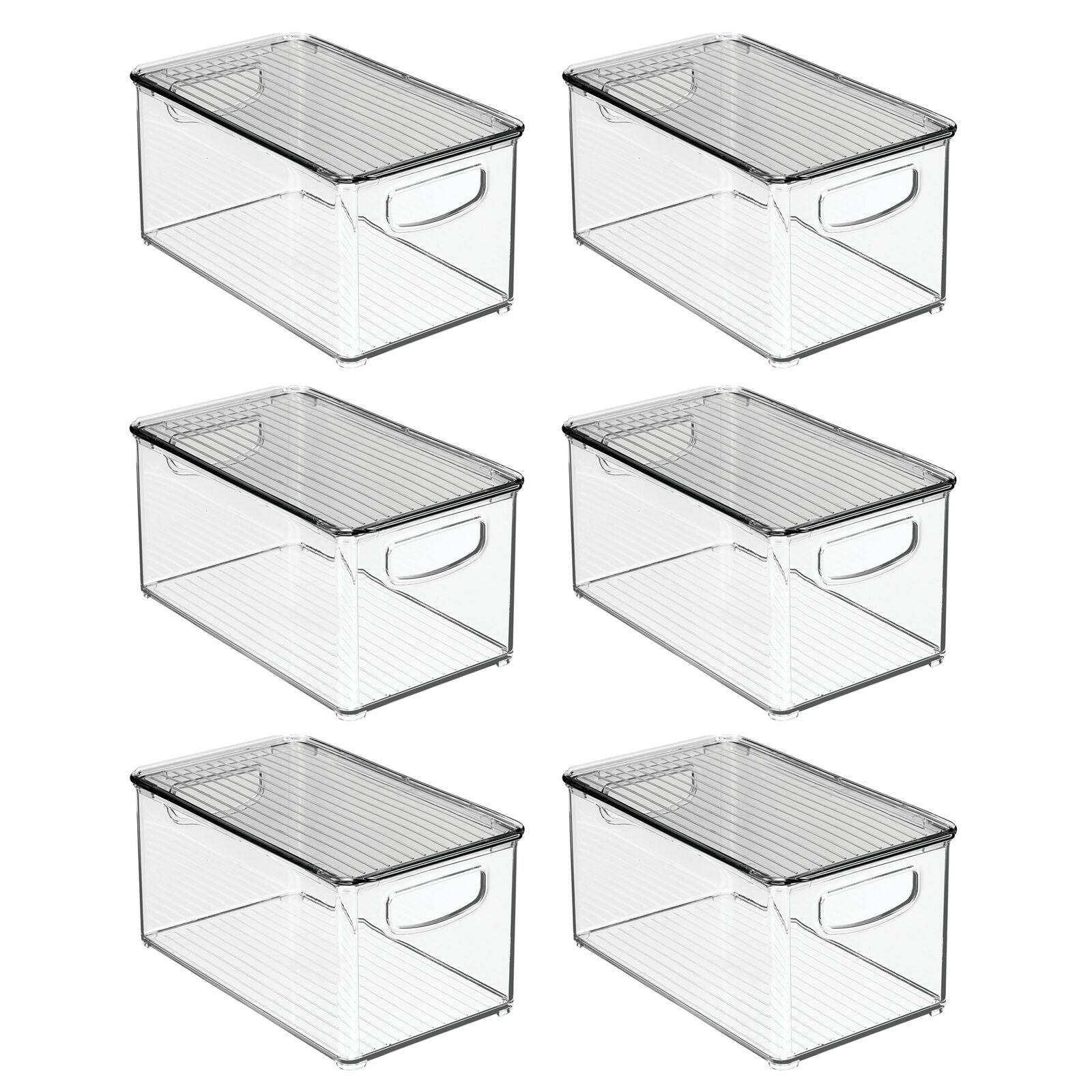 mDesign Plastic Deep Storage Bin Box Container with Lid and Built-In Handles - Organization for Fruit, Snacks, Food in Kitchen Pantry, Cabinet, or Cupboard, Ligne Collection, 6 Pack, Clear/Dark Gray