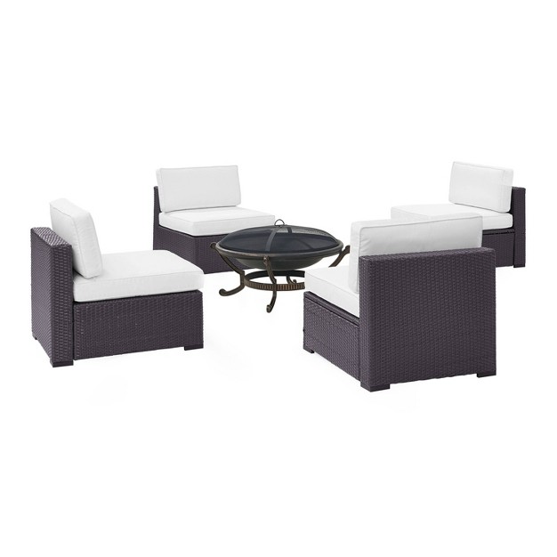 Biscayne 5pc Outdoor Wicker Conversation Set With 4 Armless Chairs amp Fire Pit White Crosley