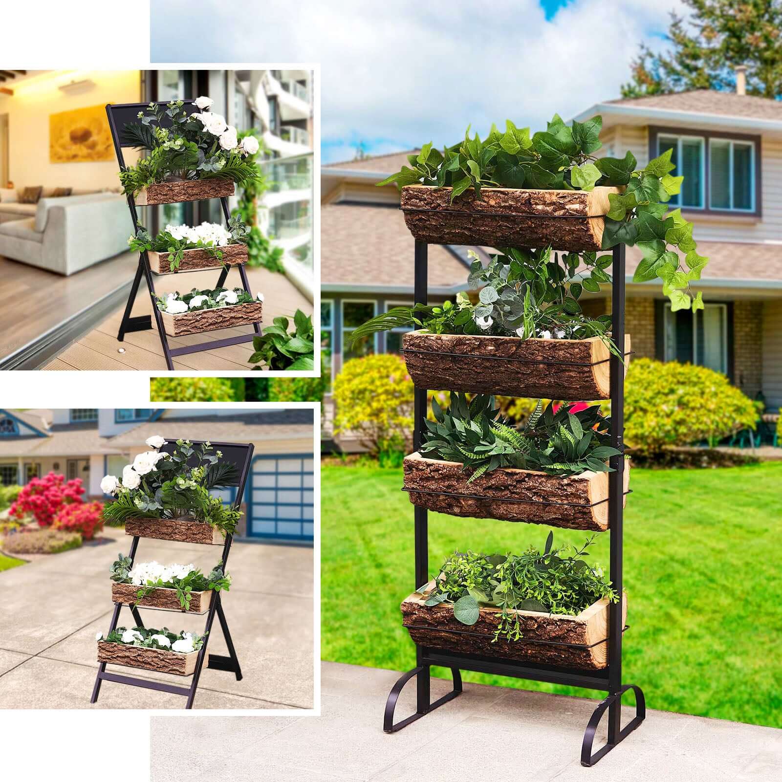 3-Tier Metal Ladder Plant Stand With Natural Wooden Log Planters 42