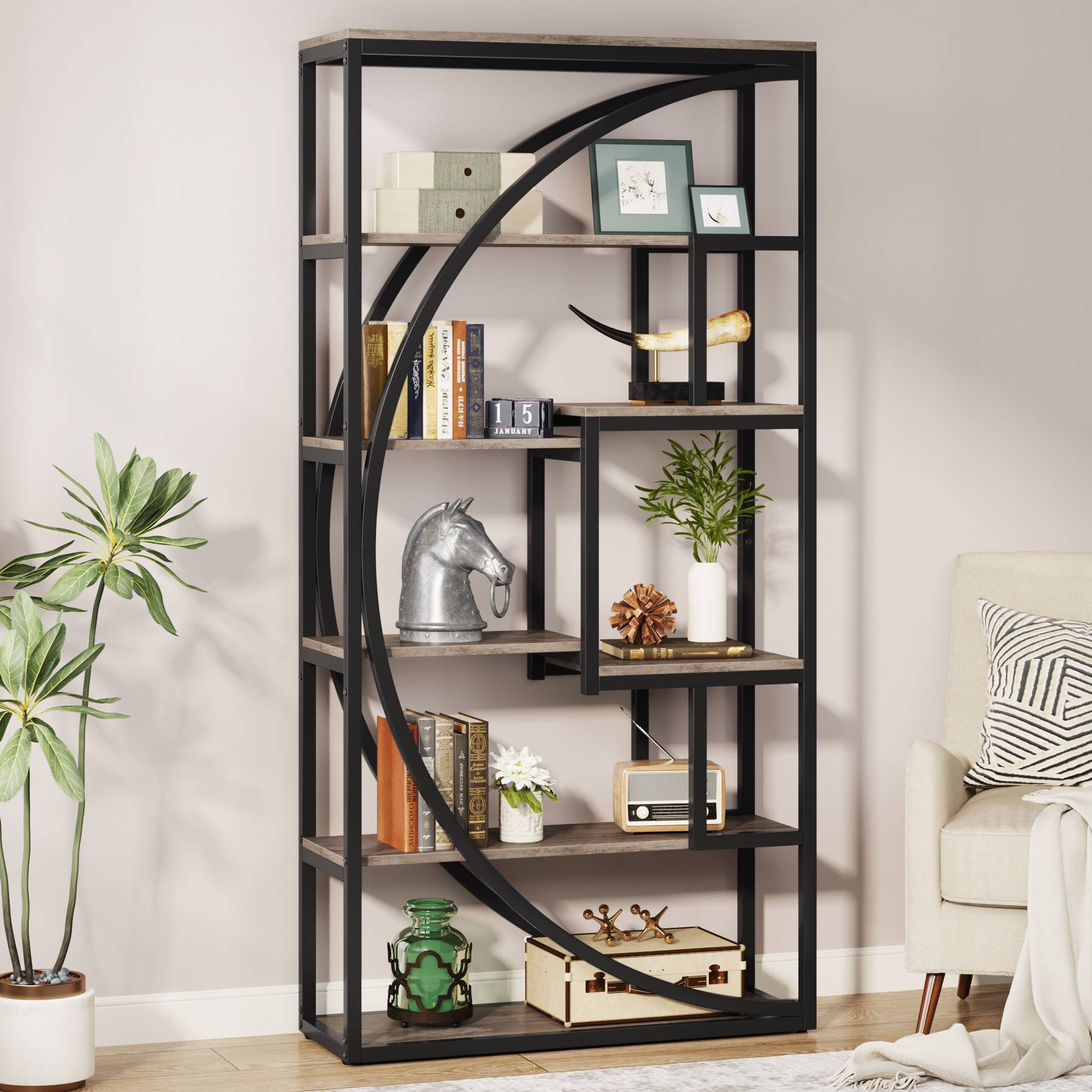 Industrial Bookshelf Bookcase with 8 Open Storage Shelf