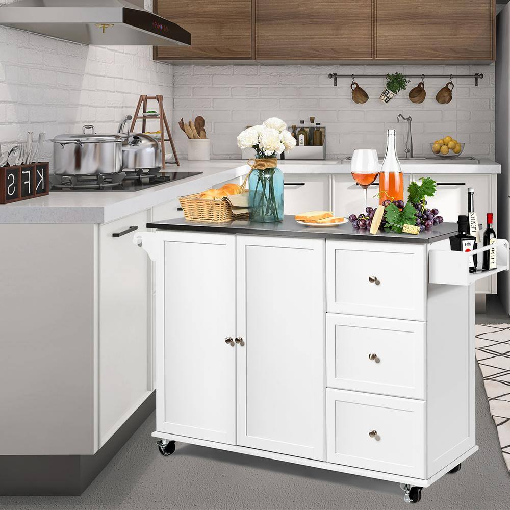 Costway White Kitchen Island with 2-Door Storage Cabinet HW64505