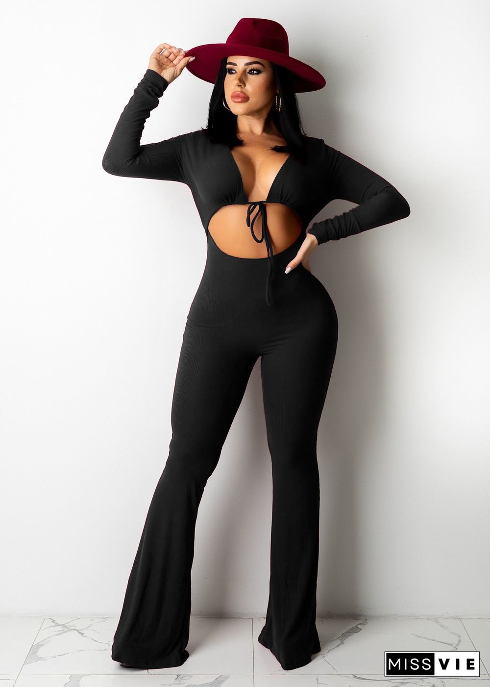 Ribbed Cropped Stretch Pit Strip Long-sleeved Flared Jumpsuit