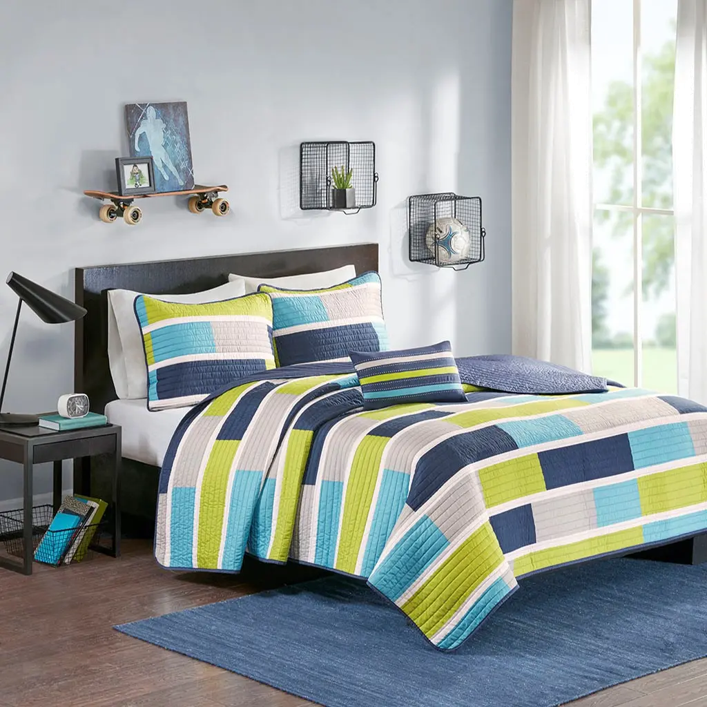 Navy， Gray and Green Twin Bradley 3 Piece Bedding Collection