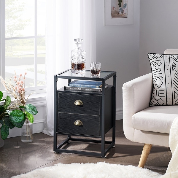 Industrial Coffee Table Set of 3， Rustic Brown Sofa Table and Glass Top Nightstands Set of 2