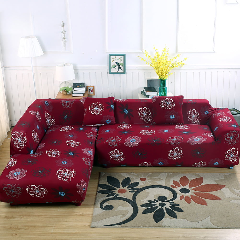 Stretch Sectional Couch Covers 2 Pieces L Shaped Floral Pattern Sofa Cover Set Soft L-Shape Slipcovers for Living Room Non Slip Furniture Protector