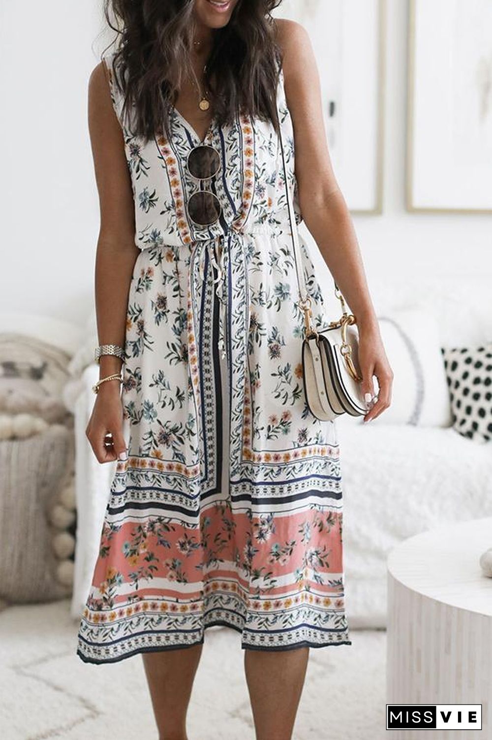 Printed V-neck Sleeveless Daily Dress P14280