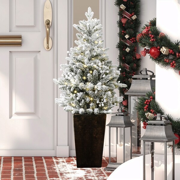 4Ft PreLit Snow Flocked Artificial Christmas Tree in Tall Fiber Stone Pot