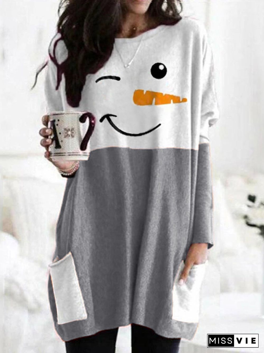 Merry Christmas Snowman Print Long Sleeve Dress