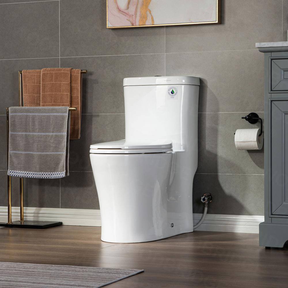 WOODBRIDGE Tango 1-Piece 1.01.6 GPF High Efficiency Dual Flush Elongated All-In One Toilet with Soft Closed Seat Included in White HT0033