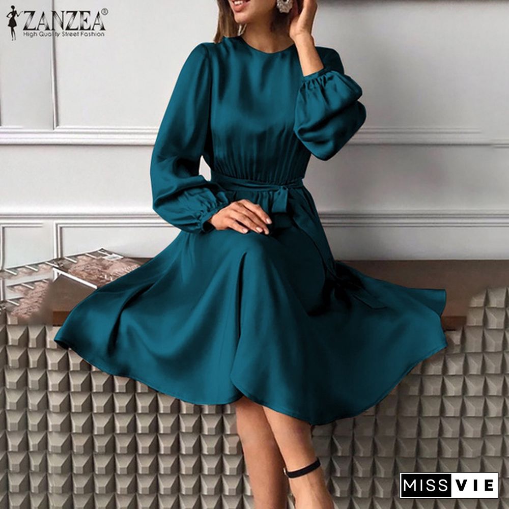 ZANZEA Women Ladies Puff Sleeve Elegant Dress Satin Oversize Holiday Crew Neck Plain Party Dress