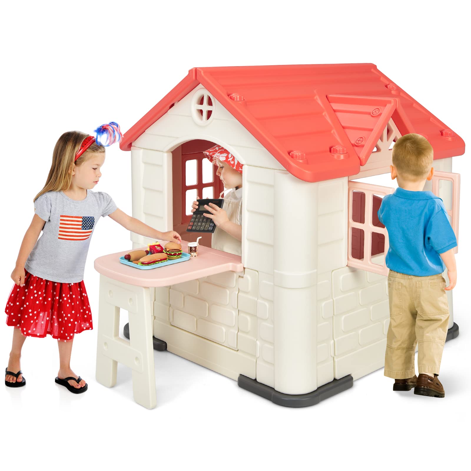 Costzon Playhouse for Kids, Pretend Toy House w/ Picnic Table, 7 PCS Toy Set & Tray