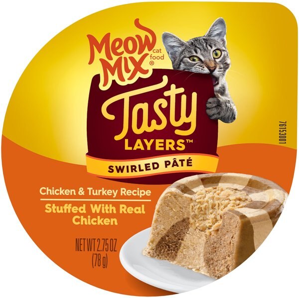 Meow Mix Tasty Layers Chicken and Turkey Recipe Stuffed with Real Chicken Swirled Paté Cat Food， 2.75-oz can， case of 12