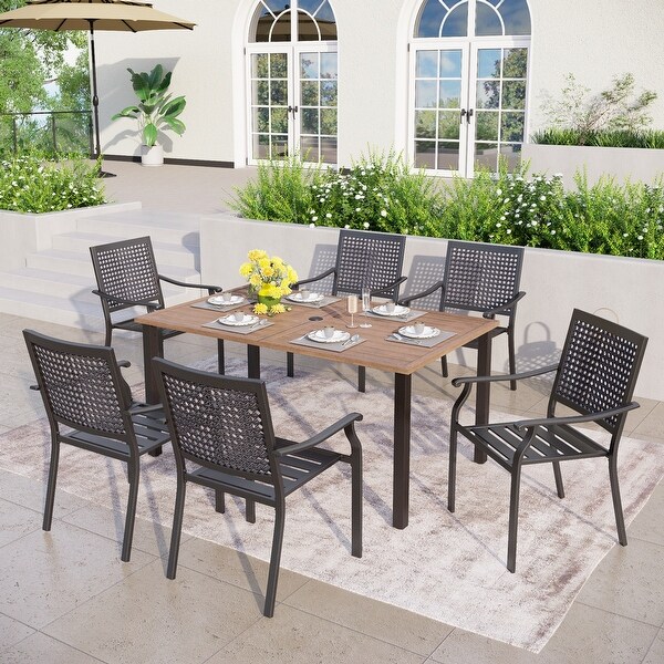 7Piece Patio Ecoating Dining Set of 6 Stackable Chairs and 1 Metal Dining Table