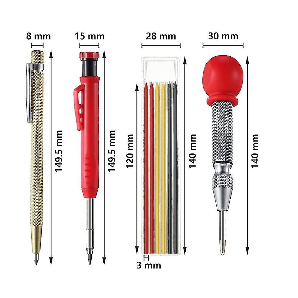 Set Of 2 Construction Carpenter's Pencils With 6 Marker Refills， Carbide Scribing Tool And Automatic Central Marking Tool For Scrol Carpenter's Marker