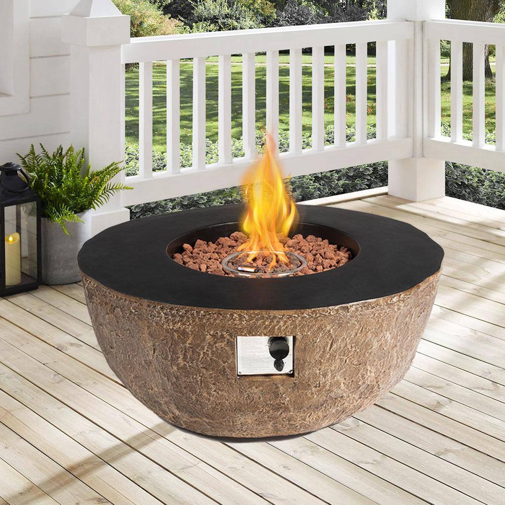 Runesay 42 in. Outdoor Concrete Gas Fire Pit Bowl Brown Faux Stone Large Fire Pit Table PropaneLiquefied Petroleum Gas LARFIRPITTAB