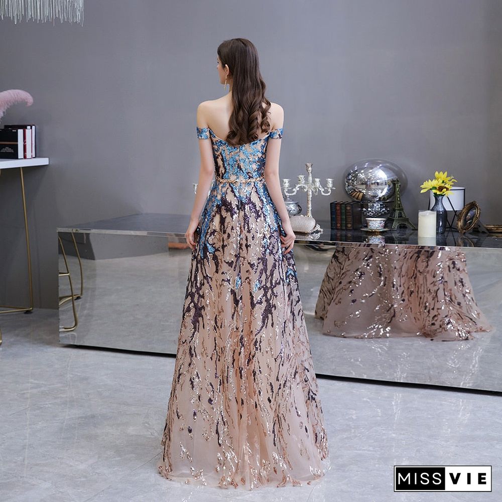 Sexy Sweetheart Evening Dresses Off the shoulder A-Line Colorful Sequin Formal Dress Long Prom Gowns