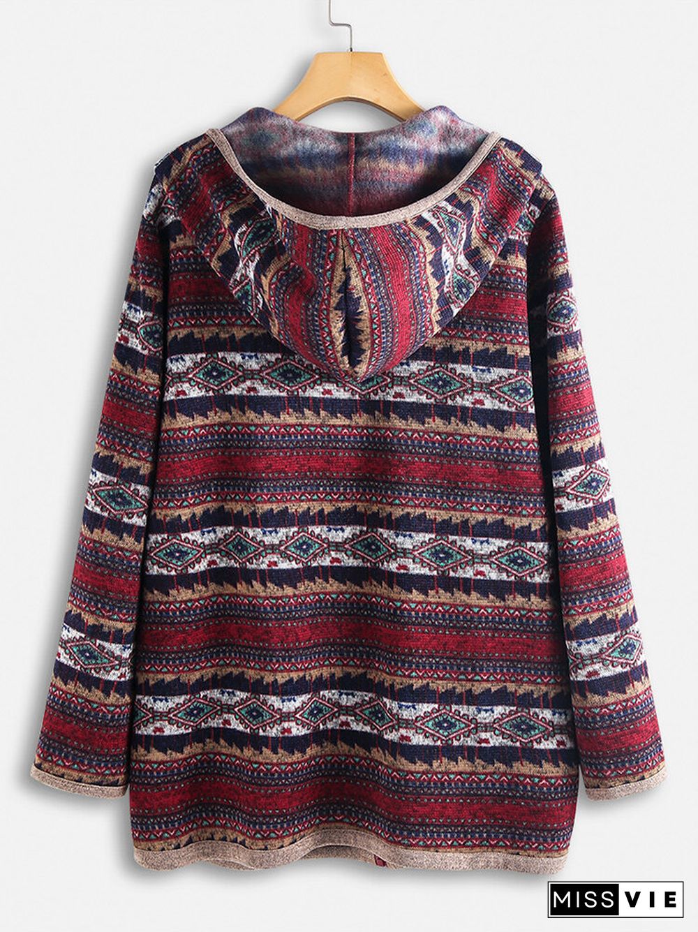 Ethnic Print Patchwork Long Sleeve Hooded Jacket For Women