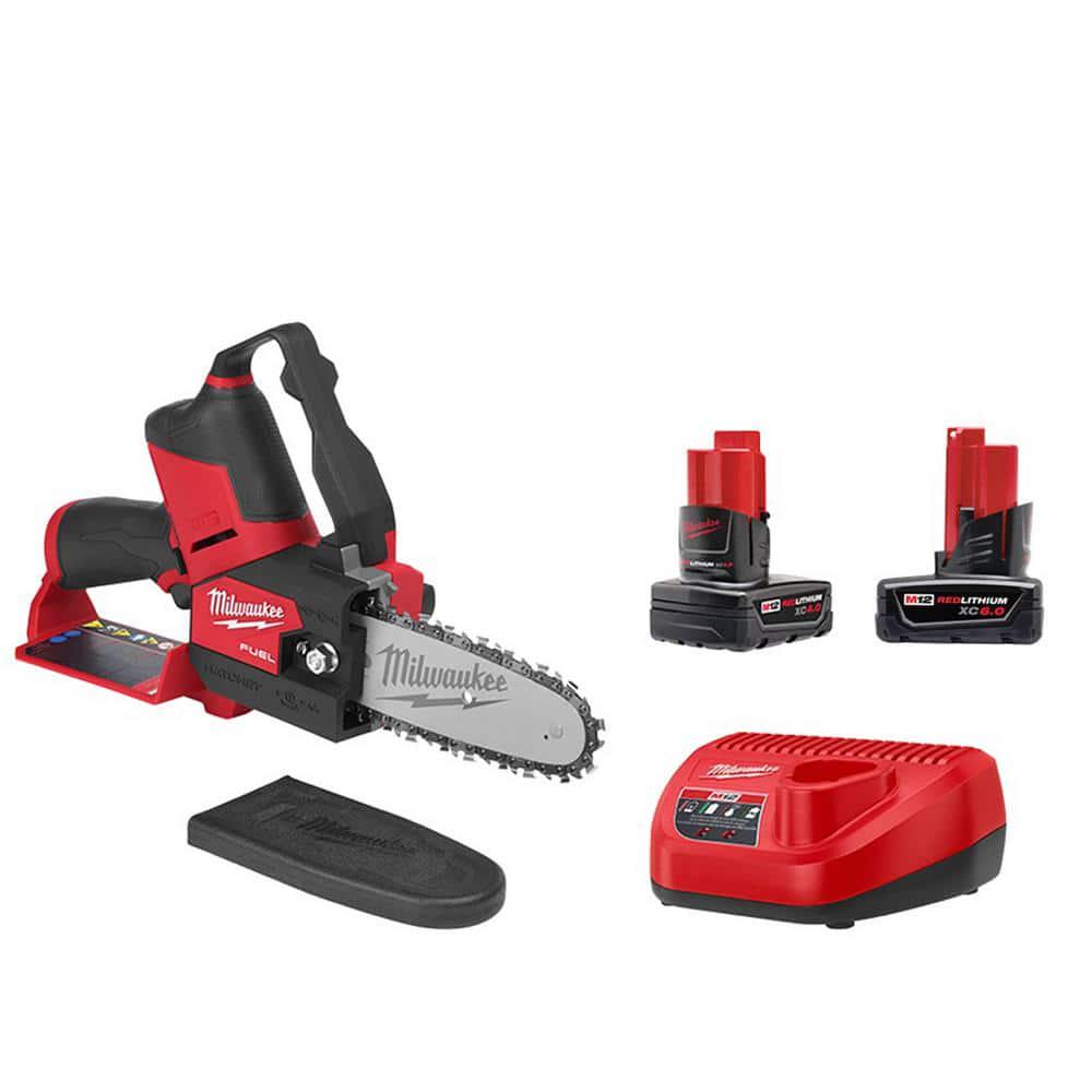 Milwaukee M12 FUEL 12Volt LithiumIon Brushless Battery 6 in HATCHET Chainsaw Kit with 60 Ah and 40 Ah Battery Charger