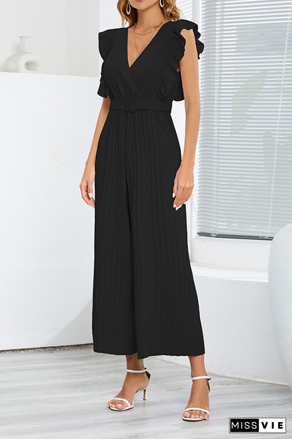 Sleeveless V Neck Ruffle Pleated Wide Leg Jumpsuit