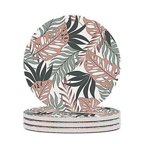 Colourlife Round Drink Coasters 1 Pc Pink Green Leaves On White Absorbent Ceramic Coffee Coasters For Drinks With Cork Base Housewarming Gift For Home