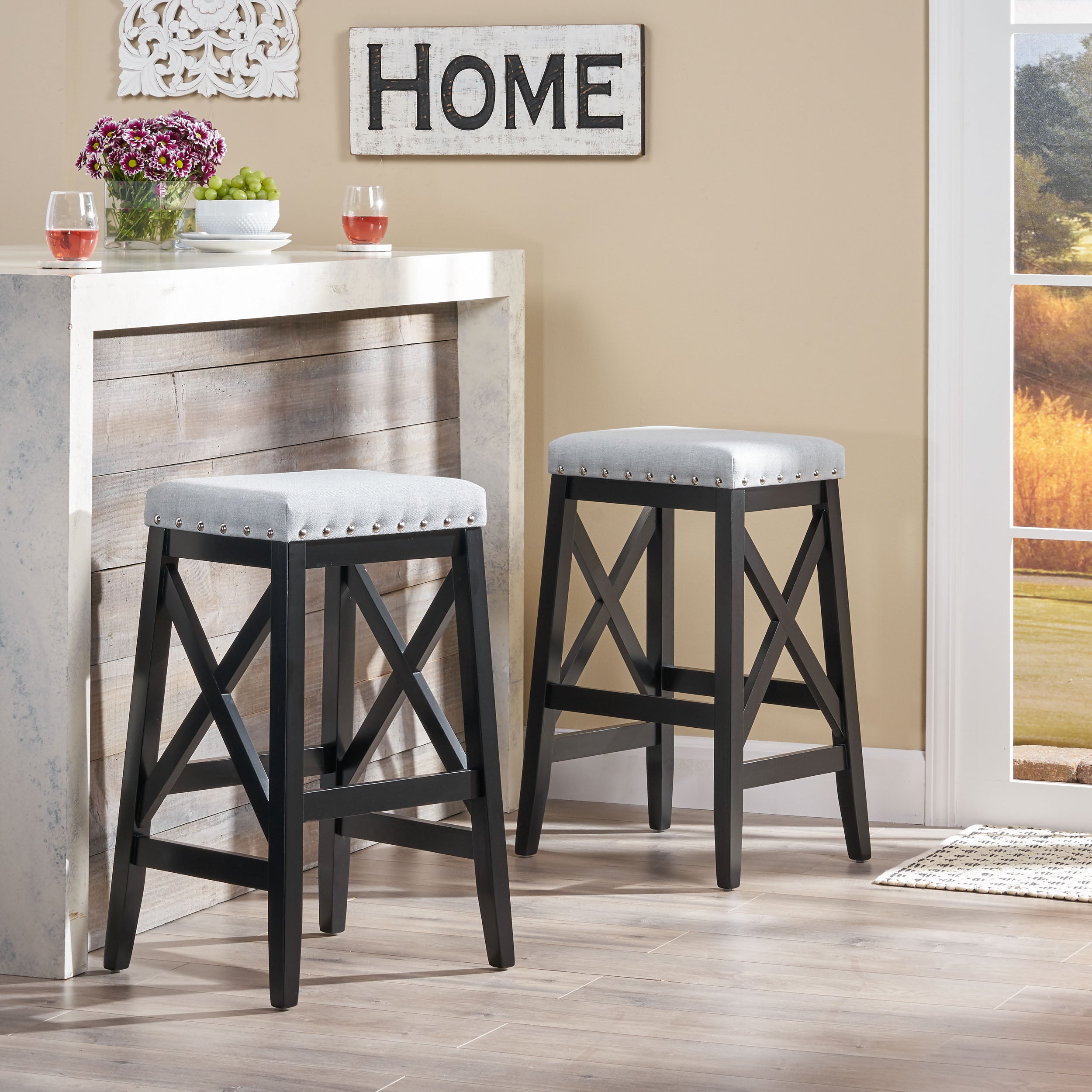 Nancy Contemporary Farmhouse Upholstered Fabric Barstools (Set of 2)