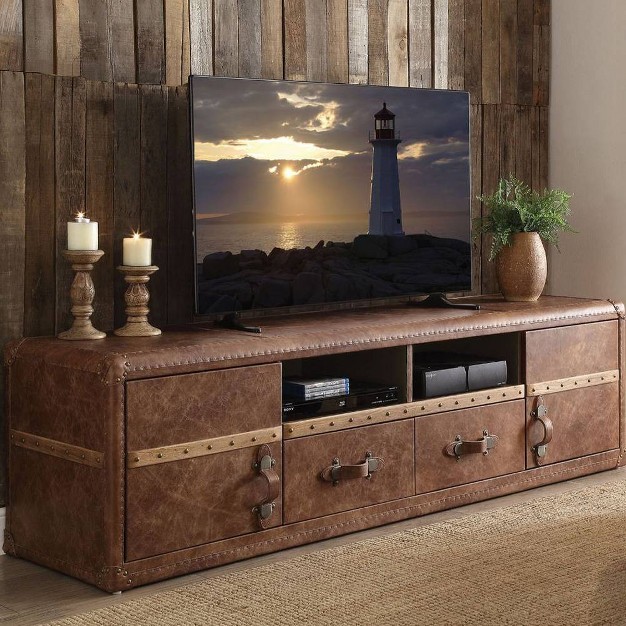 Aberdeen Top Grain Leather Tv Stand For Tvs Up To 70 quot Retro Brown Acme Furniture