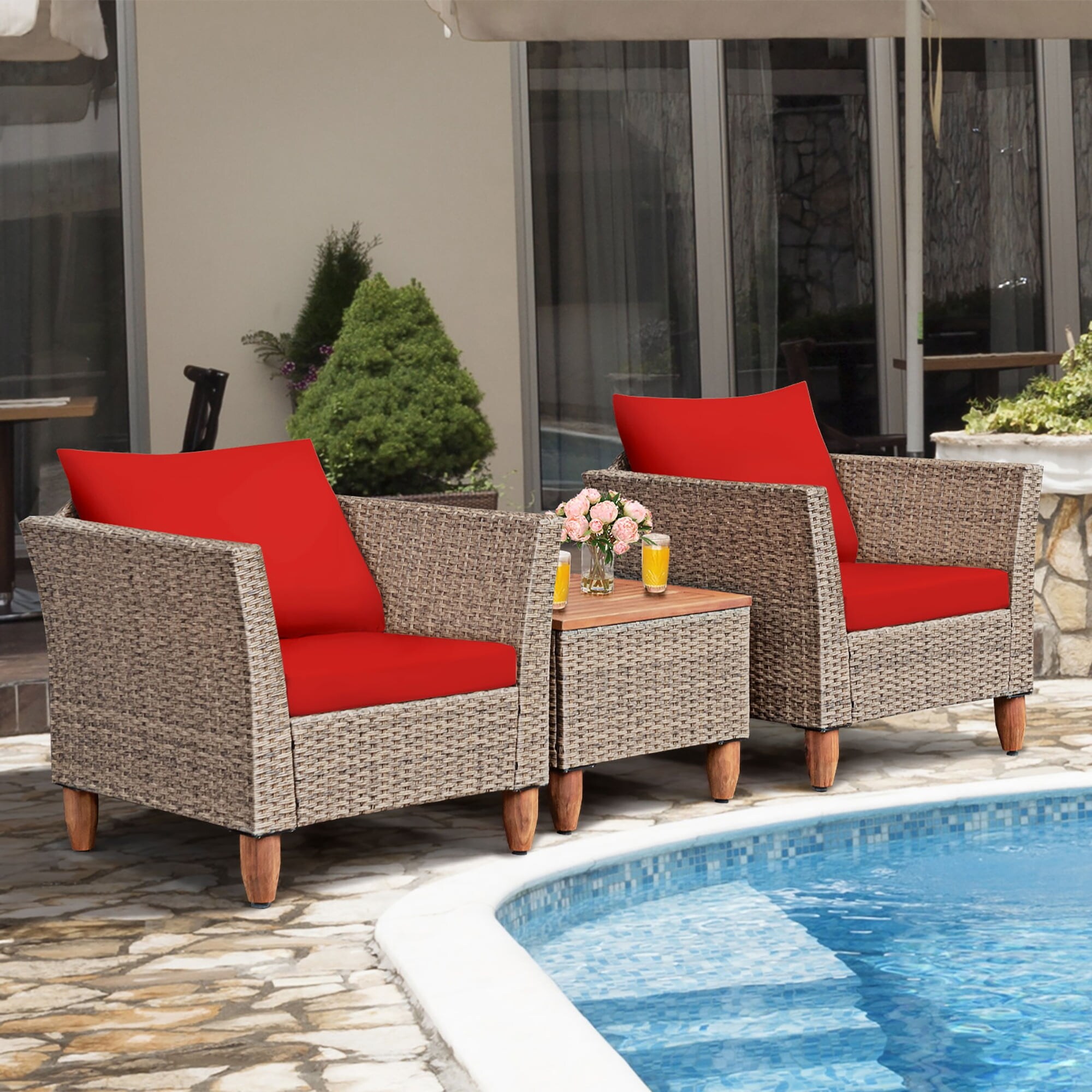 3PCS Patio Rattan Bistro Furniture Set Wood Table Top Cushion Sofa Red - Overstock - 37181388