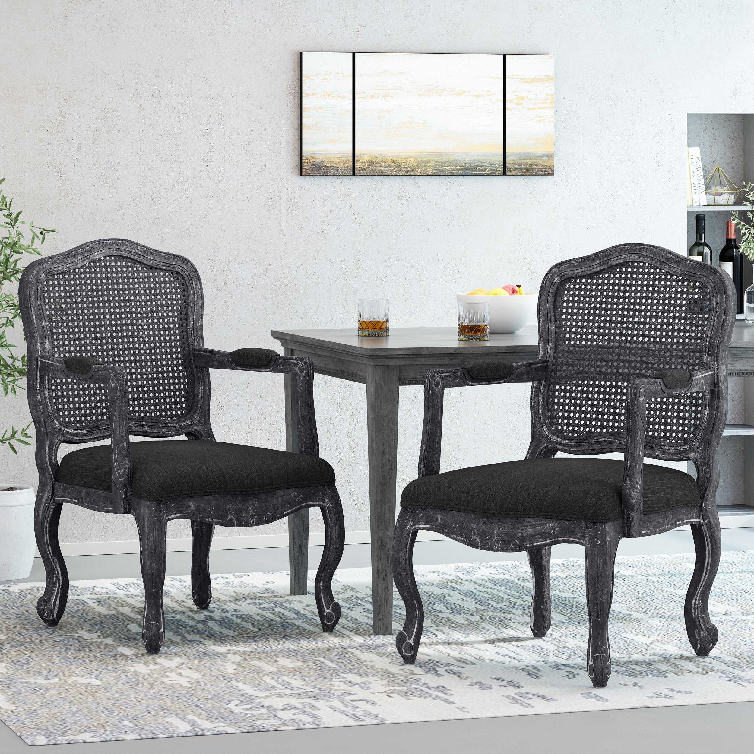 Biorn French Country Wood and Cane Upholstered Dining Armchair