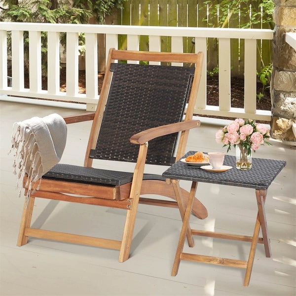 2-Piece Patio Rattan Folding Lounge Chair with Acacia Wood Table