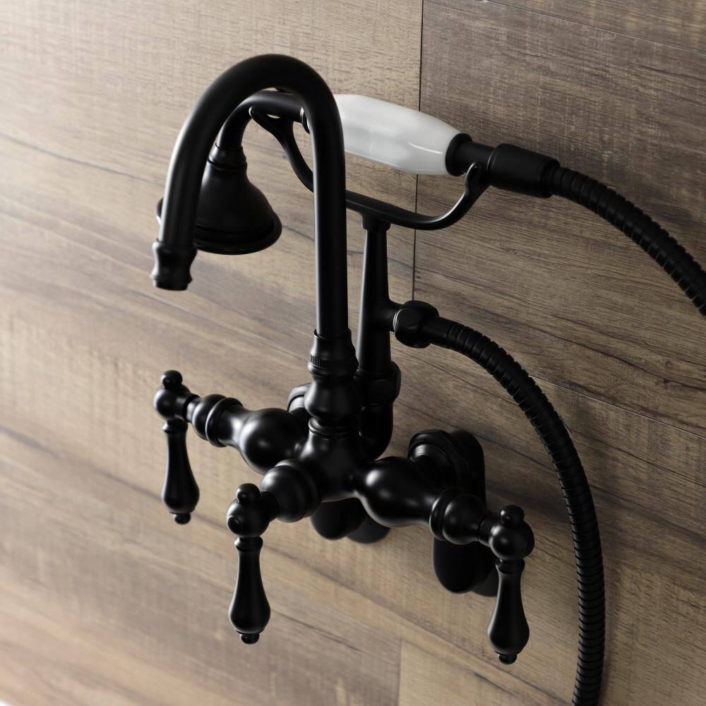 Kingston Brass Aqua Vintage 3-Handle Wall-Mount Clawfoot Tub Faucets with Hand Shower in Matte Black HAE301T0