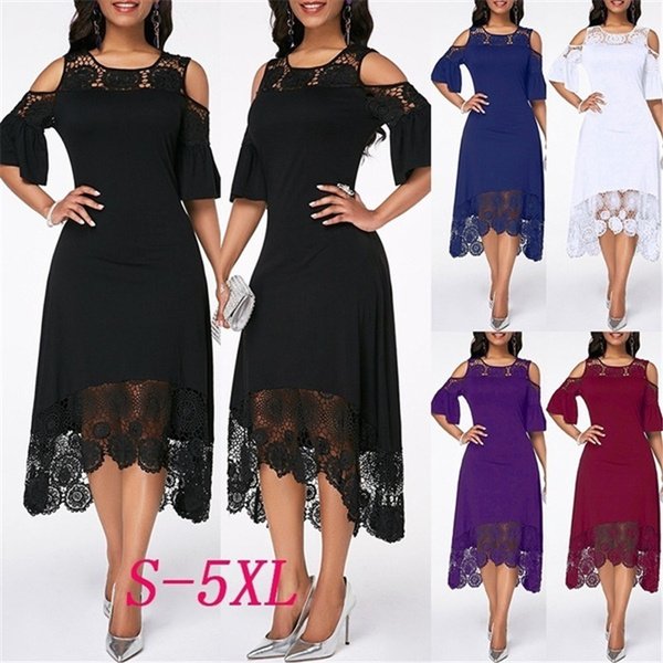 Fashion Women Elegant Crochet Lace Cold Shoulder Long Dress Party Casual Dress Plus Size