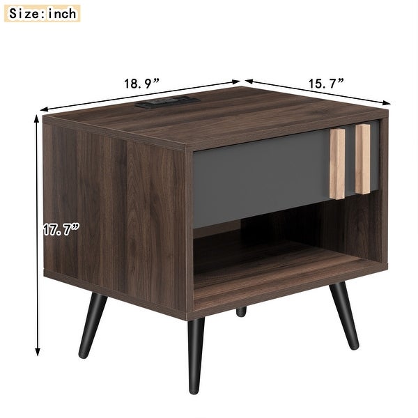 Wooden Nightstand with Usb Charging Ports， End Table for allway， Foyer， Den， Living Room，Gray+Walnut