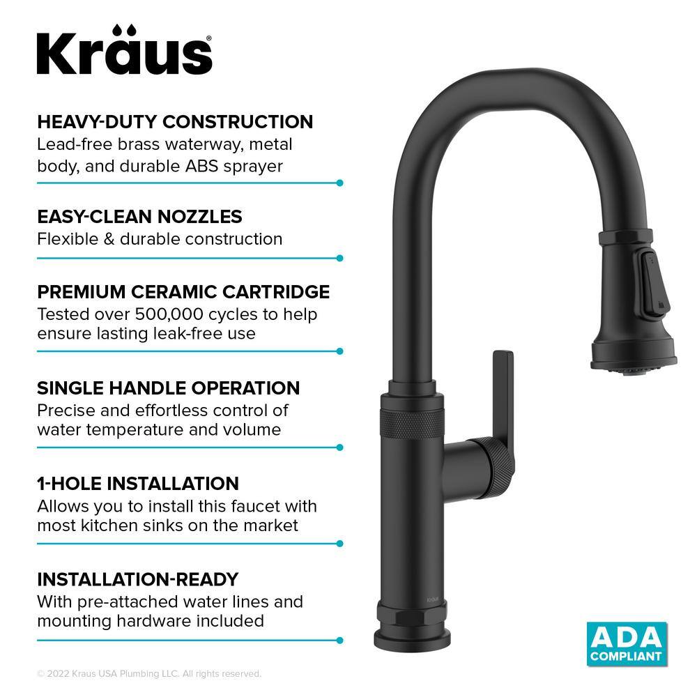 KRAUS Allyn Industrial Pull-Down Single Handle Kitchen Faucet in Matte Black KPF-4102MB