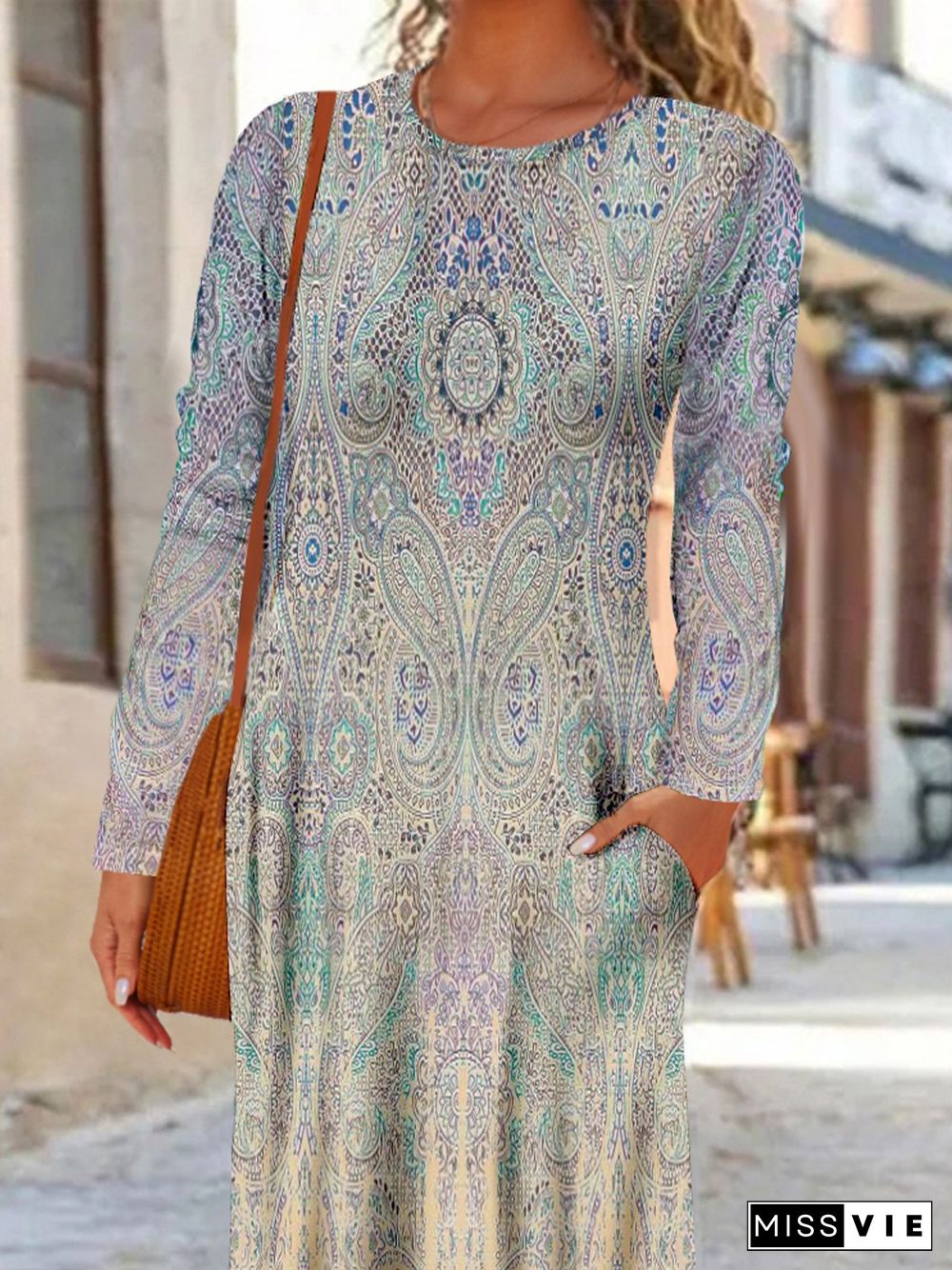 Paisley Long Sleeve Crew Neck Plus Size Casual Dresses