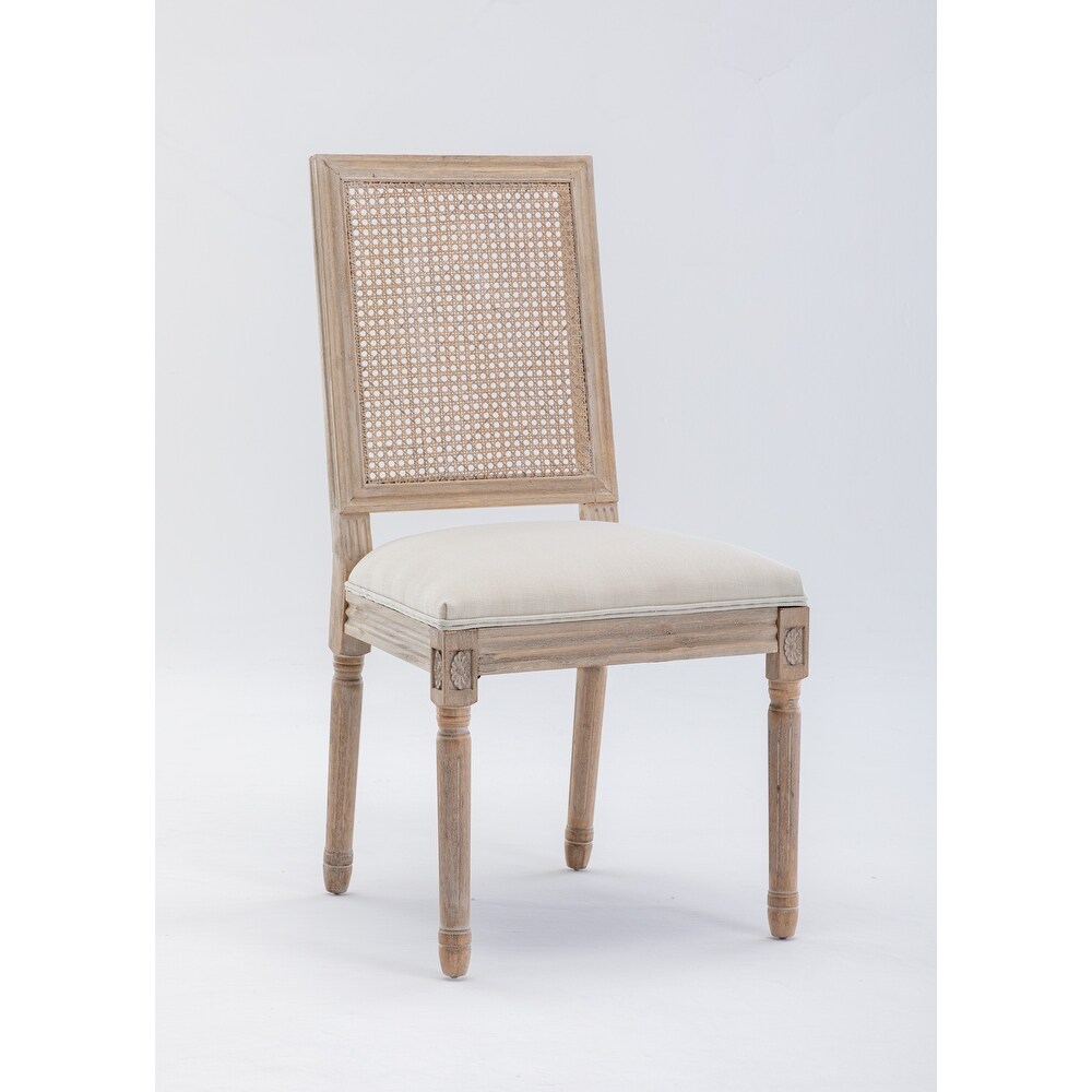 French Style Rattan Back Dining Chairs with Linen Fabric Upholstered Accent Side Chairs and Solid Wood Legs Seat of 2