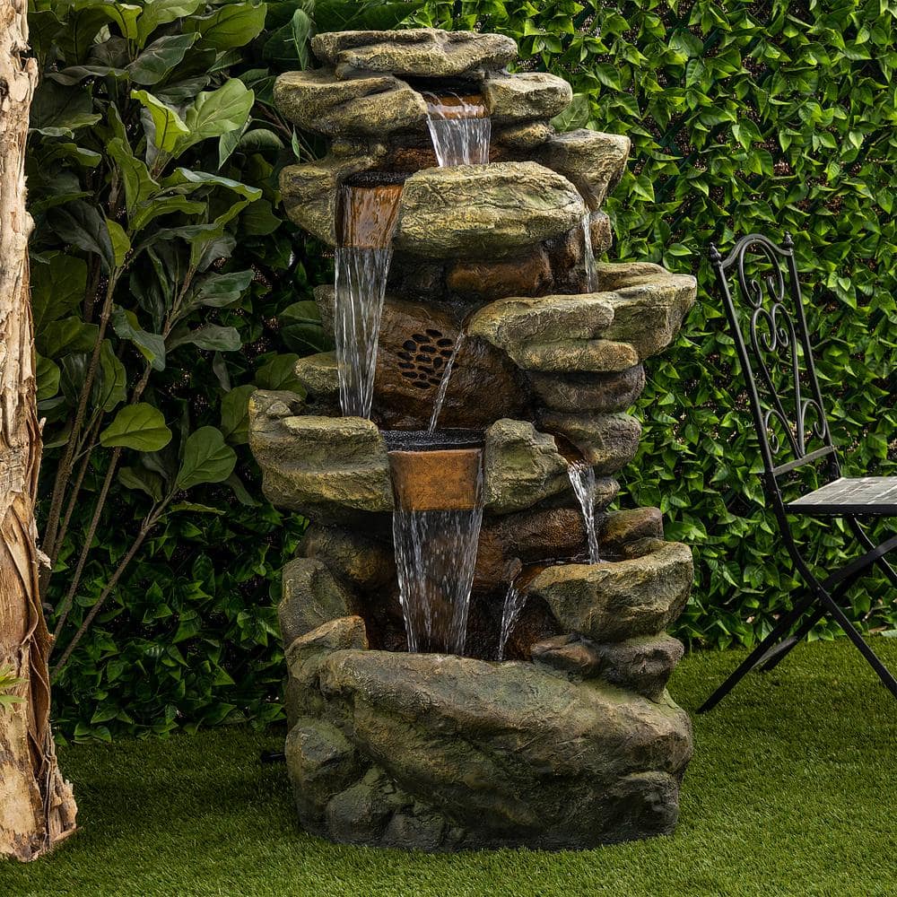 Alpine Corporation 51 in. Tall Outdoor Rainforest Floor Tiered Fountain with LED Lights and Bluetooth Speaker TZL199