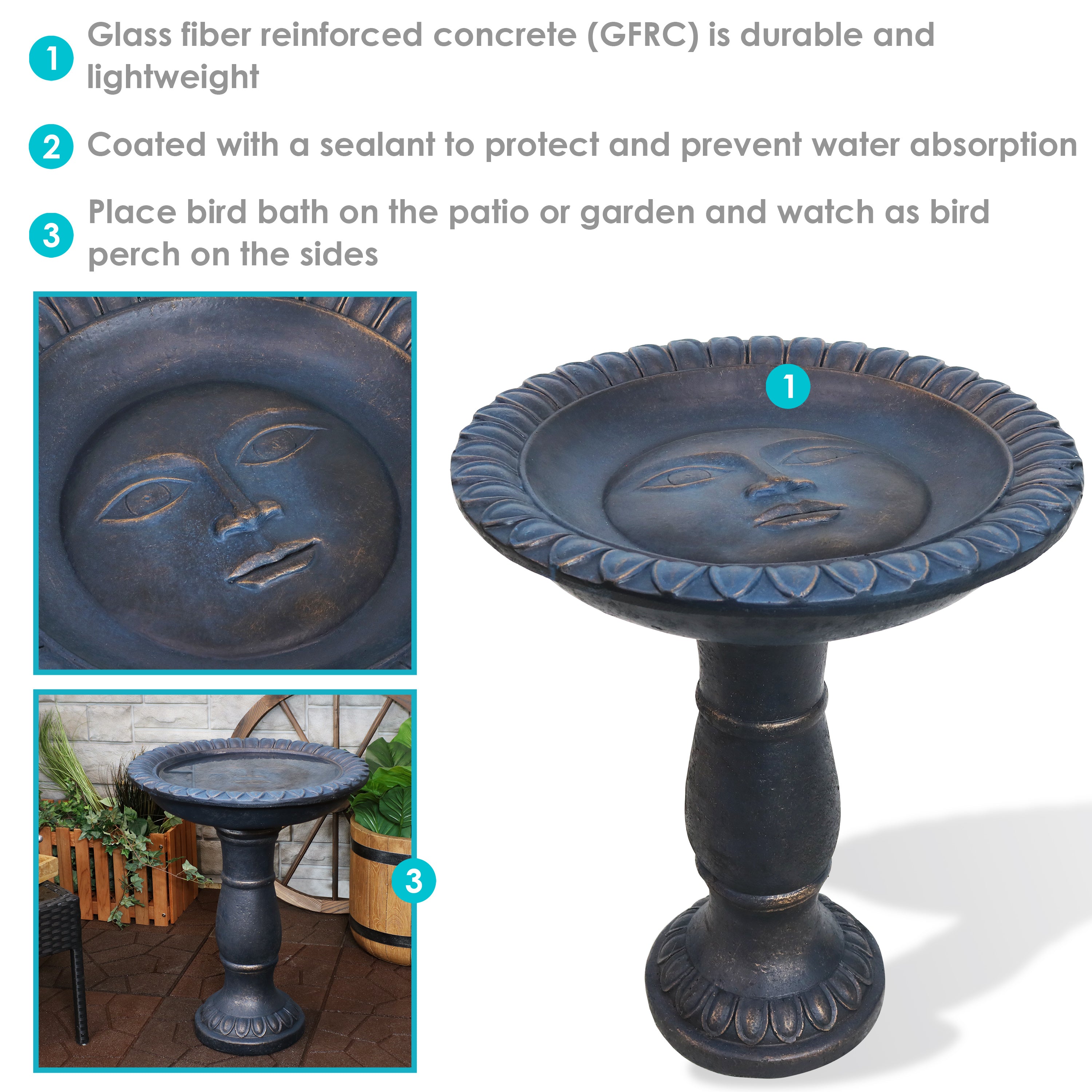 Sunnydaze Outdoor Glass Fiber Reinforced Concrete Patio Garden Façade du Soleil Bird Bath - 26" - Blue