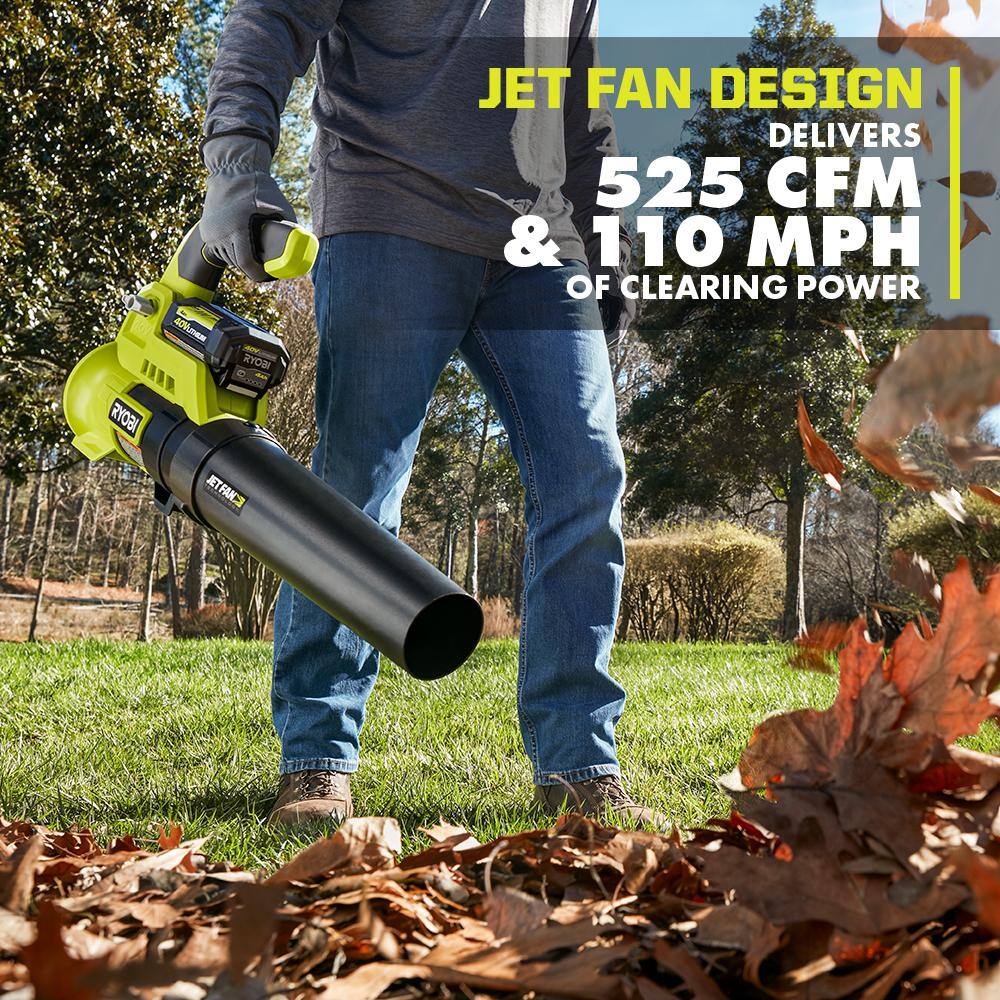 RYOBI 40V 110 MPH 525 CFM Cordless Battery Variable-Speed Jet Fan Leaf Blower with 4.0 Ah Battery and Charger RY40480