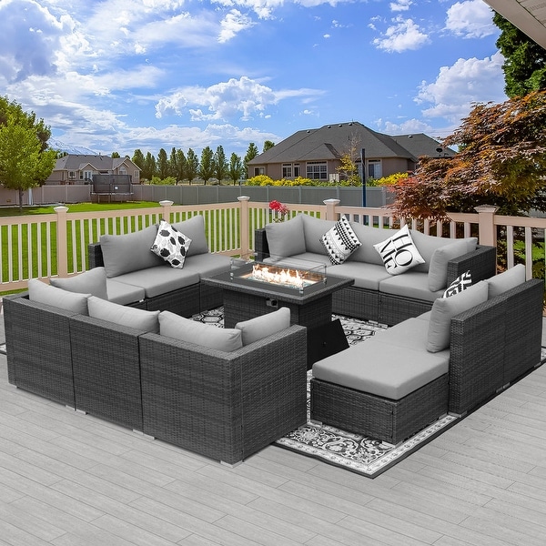 Nicesoul Outdoor Grey Wicker Sectional Furniture Patio Sofa Set with Firepit Table