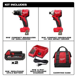 MW M18 18-Volt Lithium-Ion Brushless Cordless Compact DrillImpact Combo Kit (2-Tool) w(2) 2.0 Ah Batteries Charger  Bag 3692-22CT